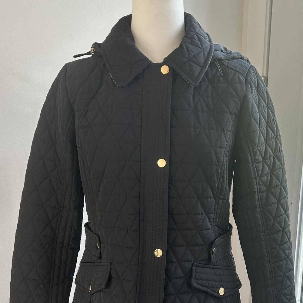 London Fog Black Quilted Field Jacket with Gold Hardware & Removable Hood – US S